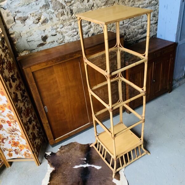 Étagère vintage rotin et verre