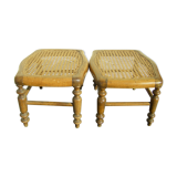 Paire de reposes-pieds en bois et cannage ancien