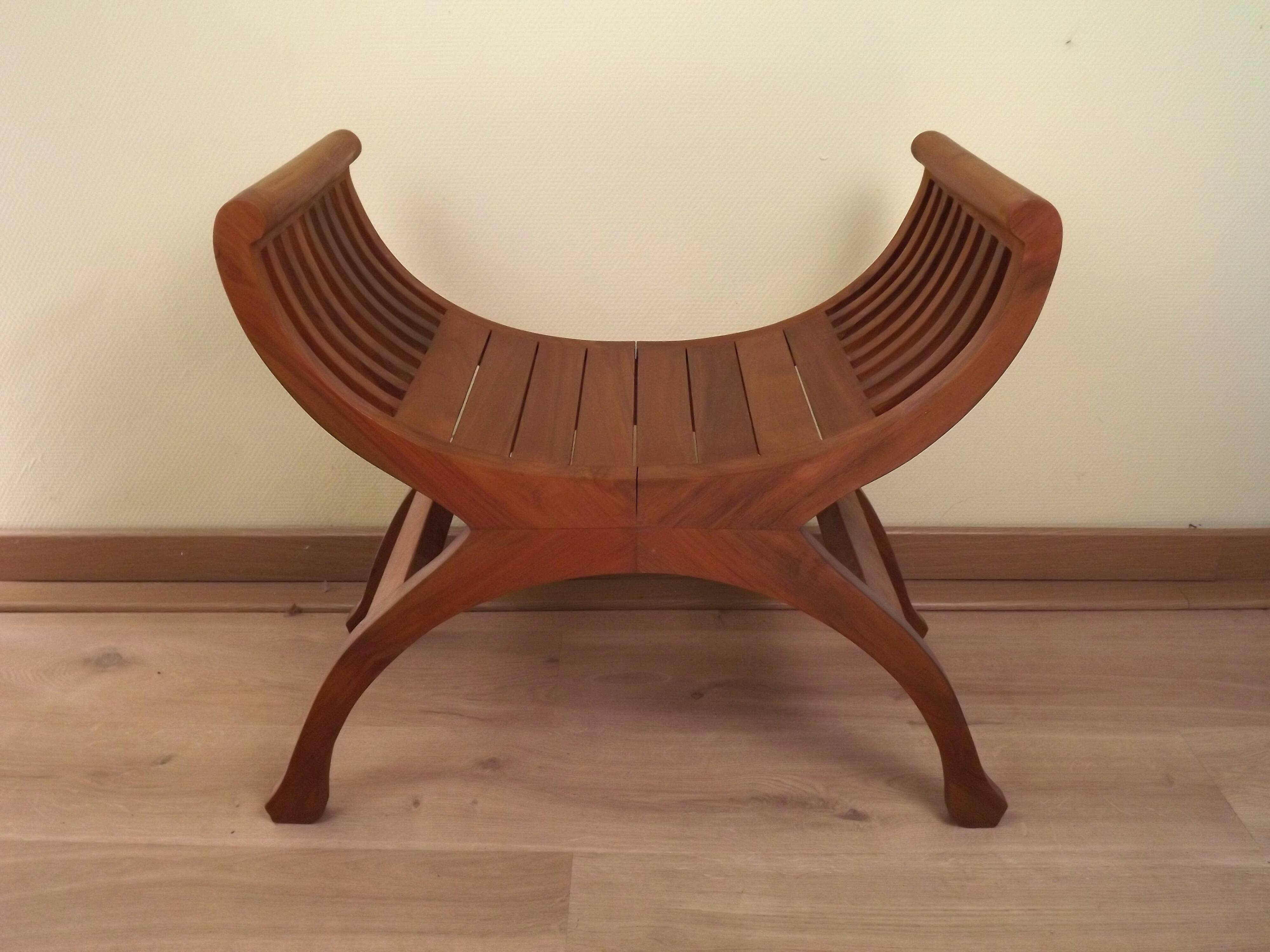 Solid Wood Curule Stool Vintage French Curved Slatted Seat Mid Century