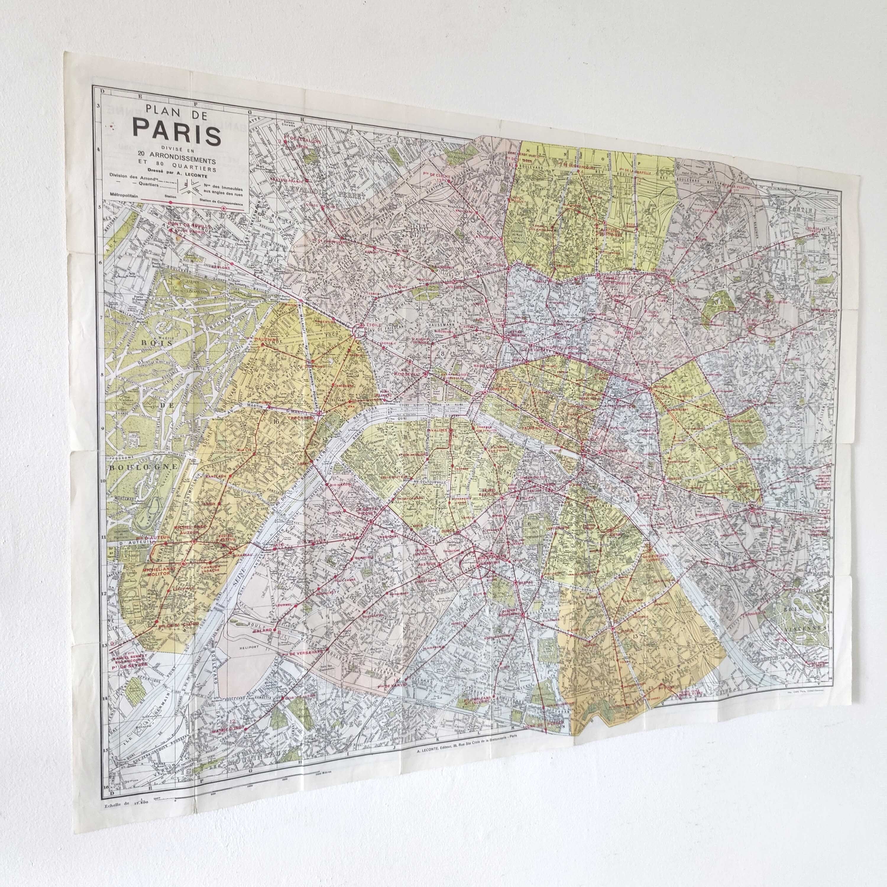 Vintage map 1970 Paris and its suburbs 75x55cm duplex