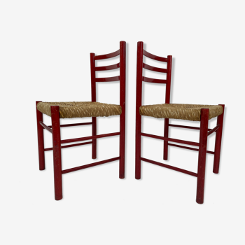 Ensemble de deux chaises design vintage en bois et cannage