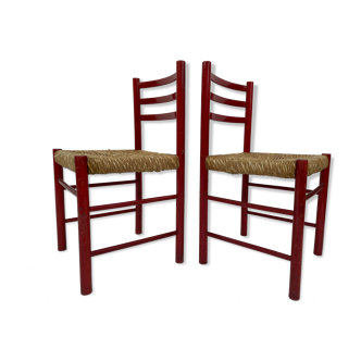 Set of two vintage minimalistic design chairs made of wood and cane