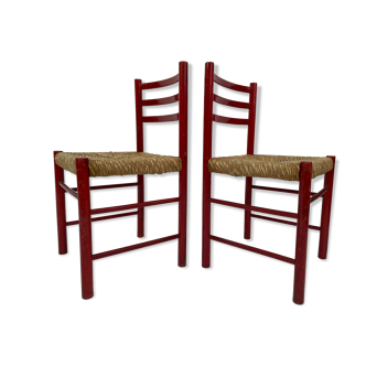Ensemble de deux chaises design vintage en bois et cannage