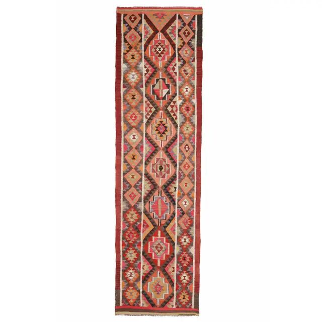 1970s Vintage Turkish Hand-Knotted Wool Cotton Red Runner Rug 83x314