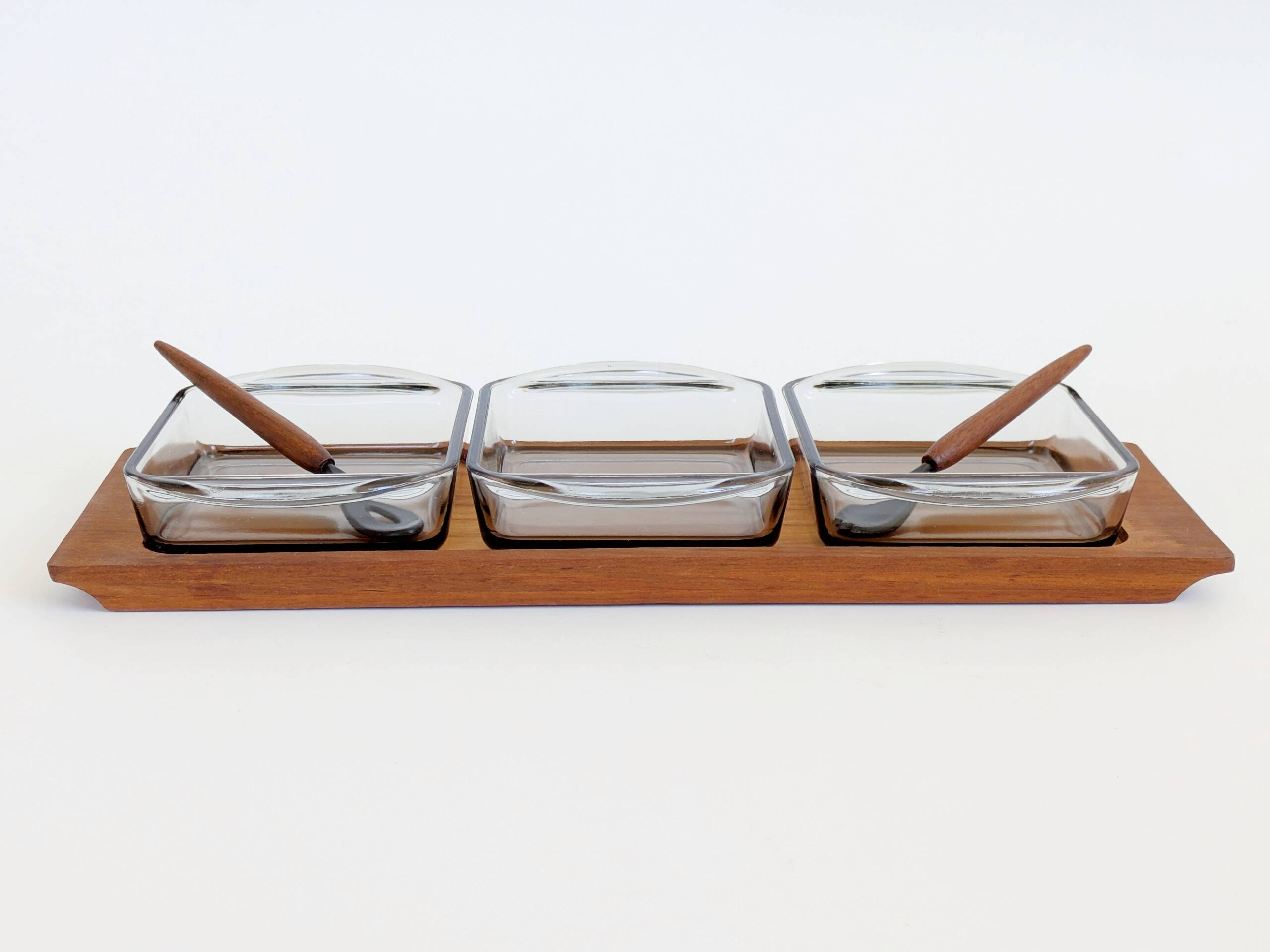 Danish vintage service teak tray, smoked glass bowls, spoon fork.