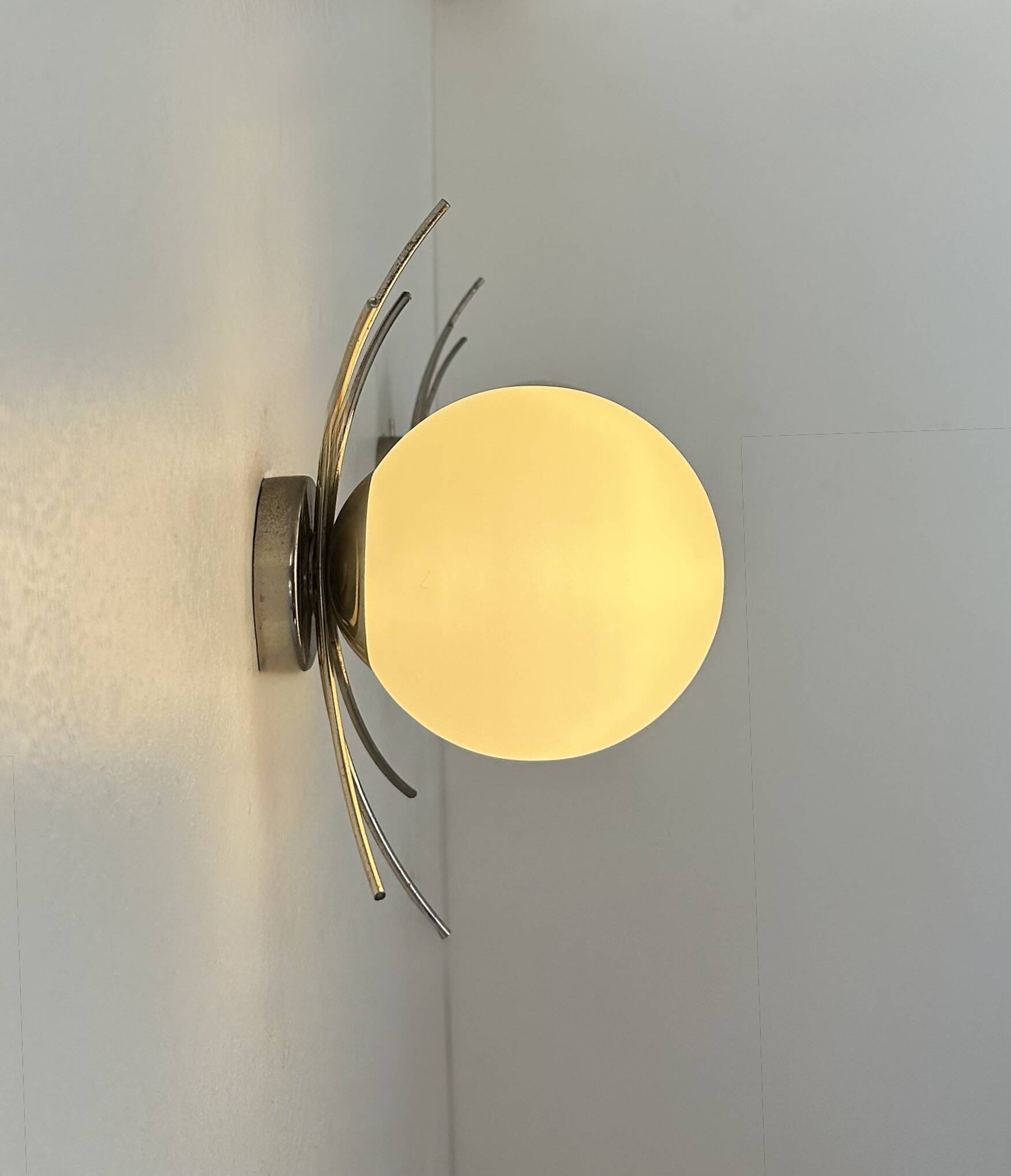 Pair of vintage wall lights, chrome and opaline, France, 1970