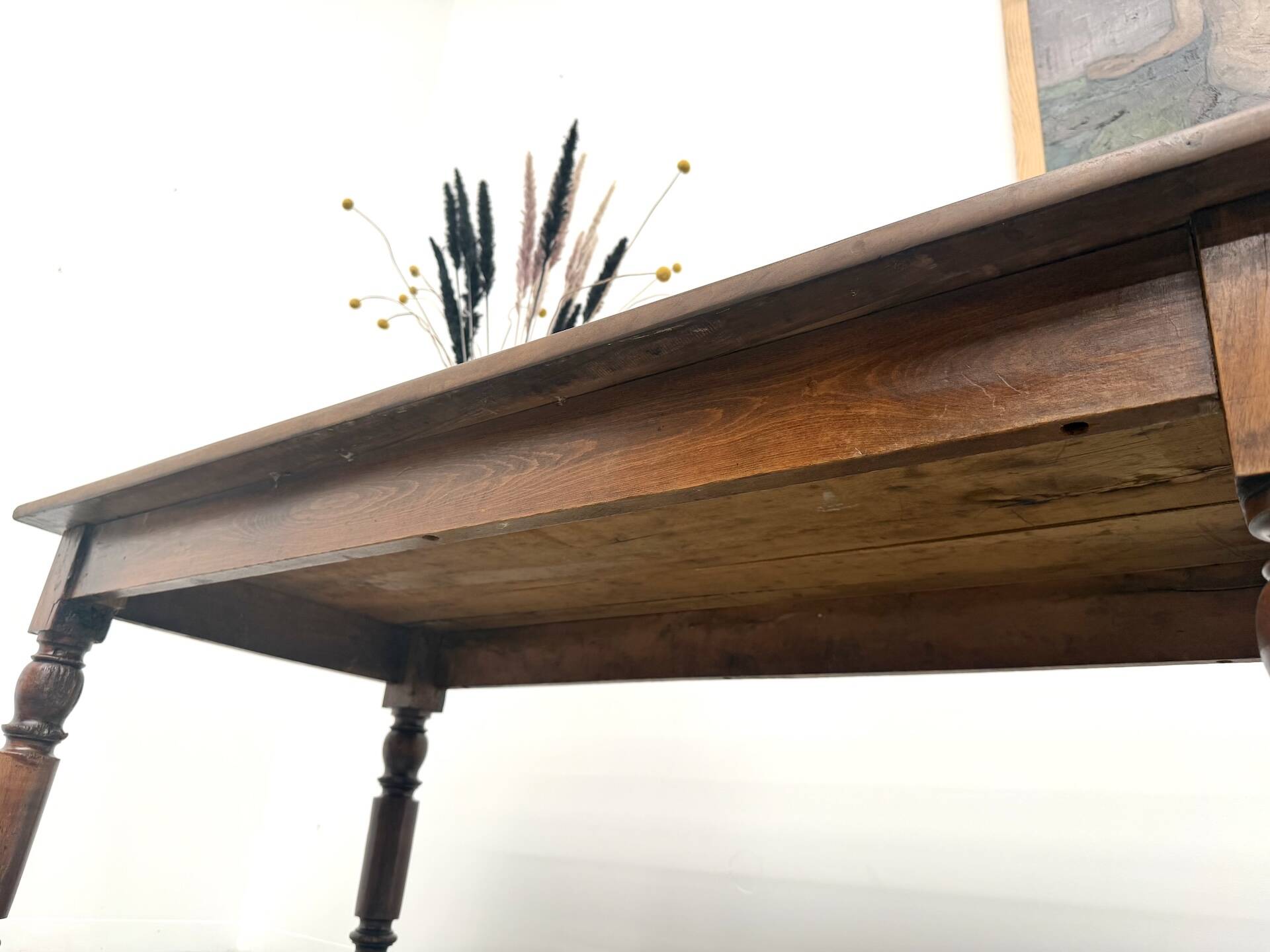 Farm table in solid cherry wood, turned legs, France, around 1900.