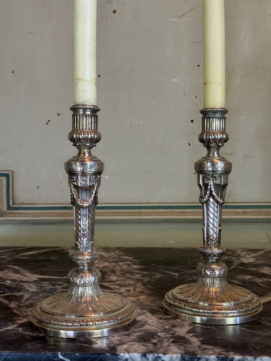 Pair of Louis XVI Style Wolfers Candlesticks, Solid Silver, Hallmarked