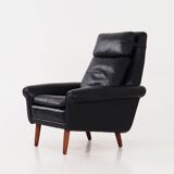 Fauteuil en cuir noir, design danois, années 1970, production : Danemark