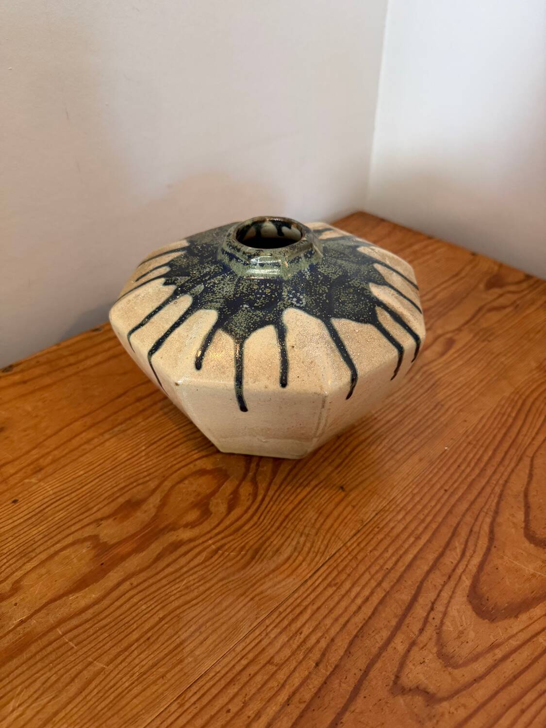 Scandinavian studio vase in flamed stoneware with drip decorations.