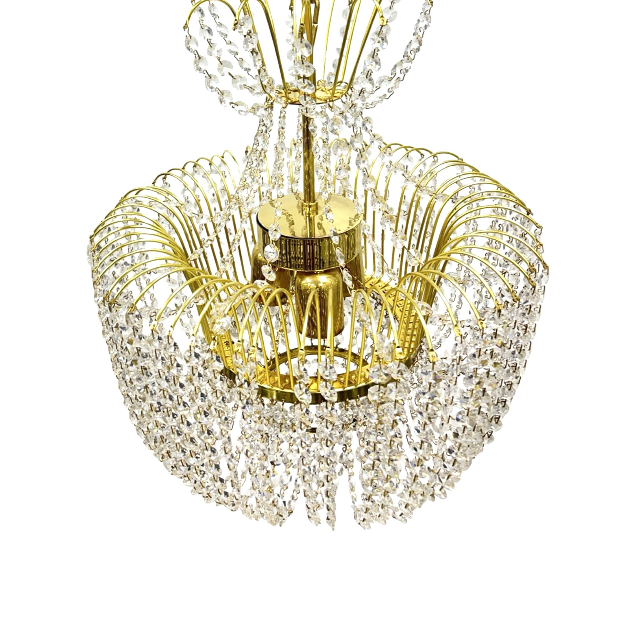 Kamenický Šenov crystal chandelier, gilded brass, 1970s, Czechoslovakia