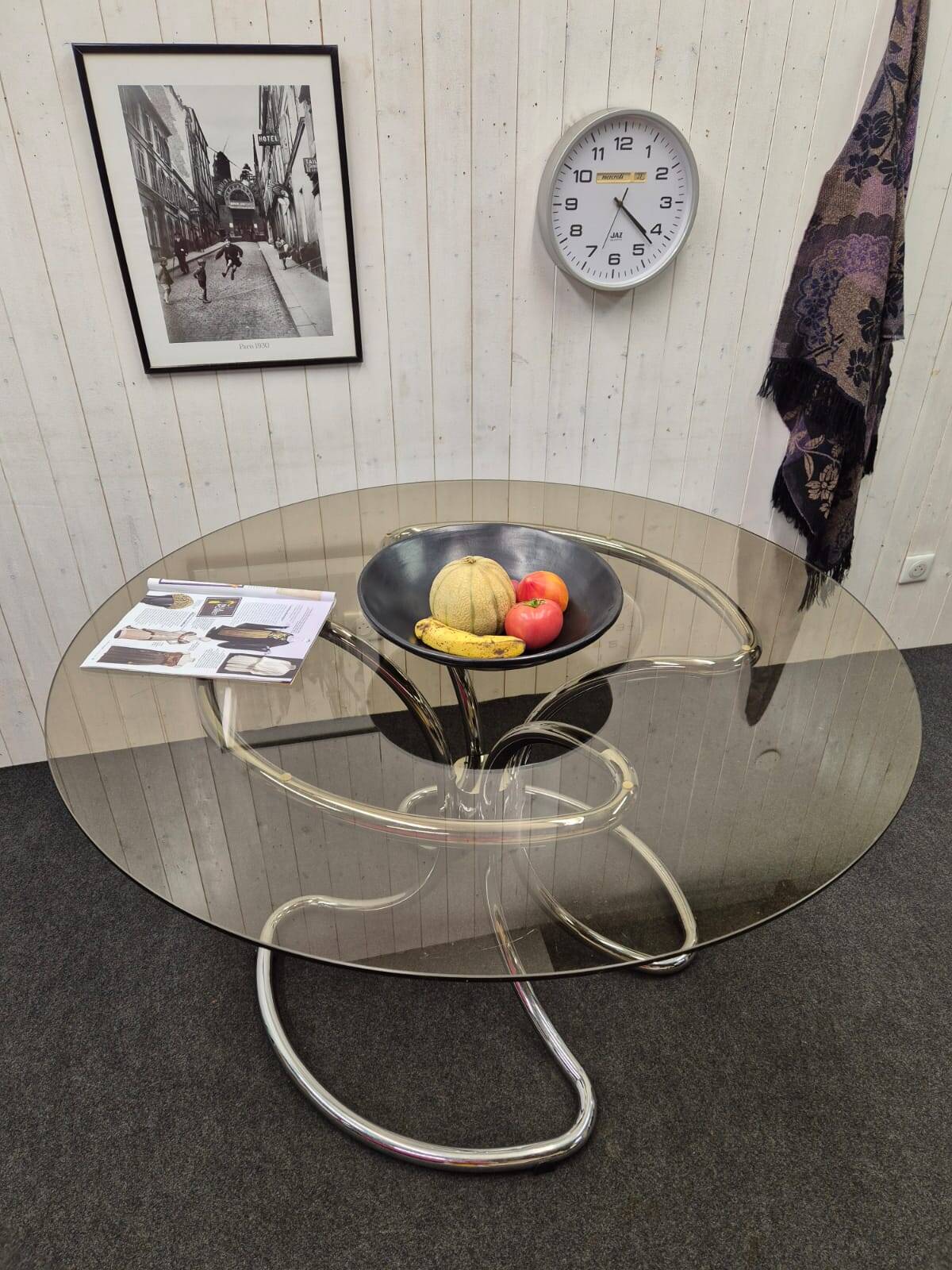 Chrome and smoked glass table.