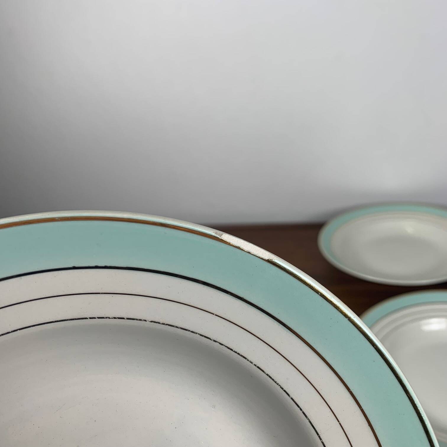 Set of 6 Lunéville soup plates, "Régence" model, water green and 4 lines