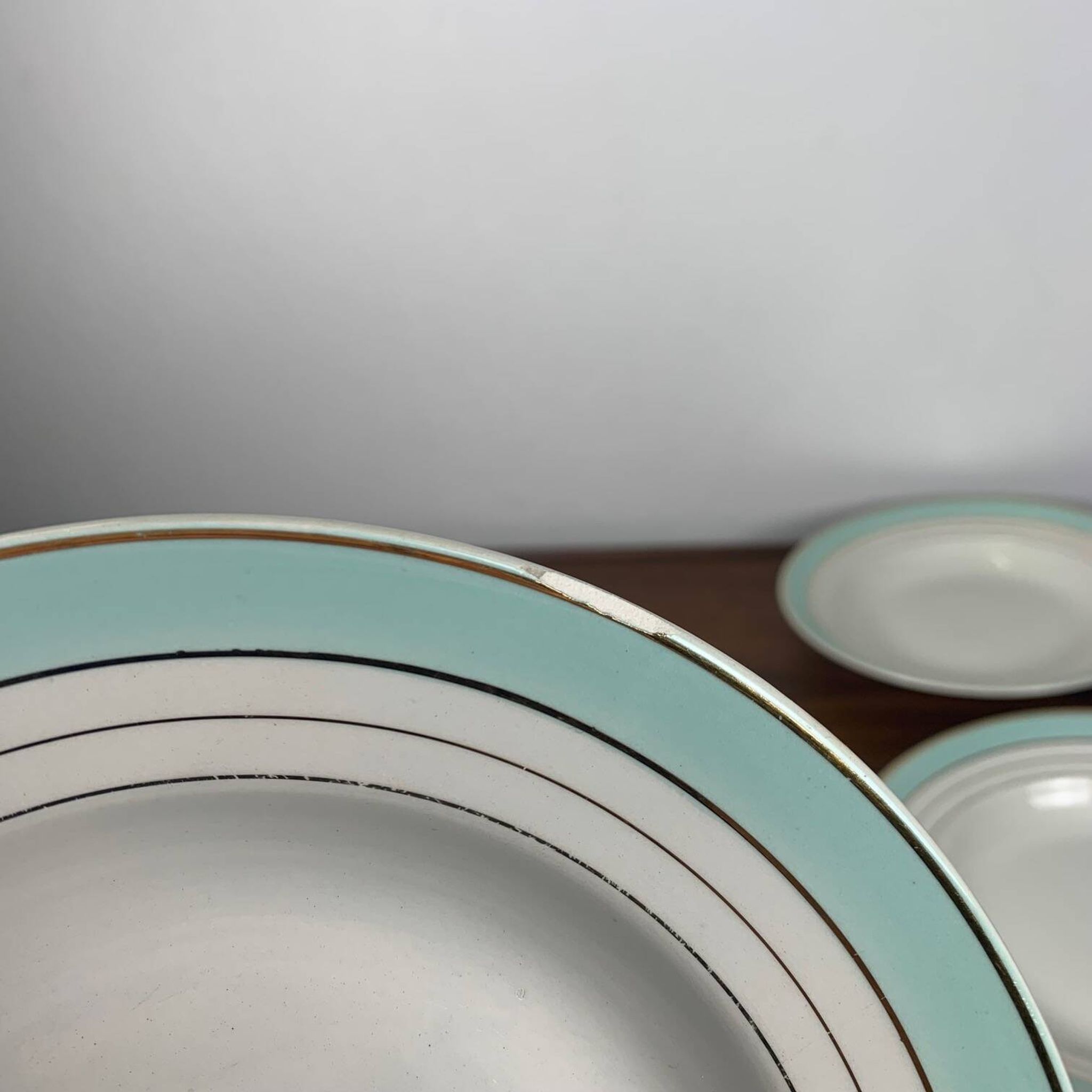 Set of 6 Lunéville soup plates, "Régence" model, water green and 4 lines