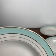 Set of 6 Lunéville soup plates, "Régence" model, water green and 4 lines