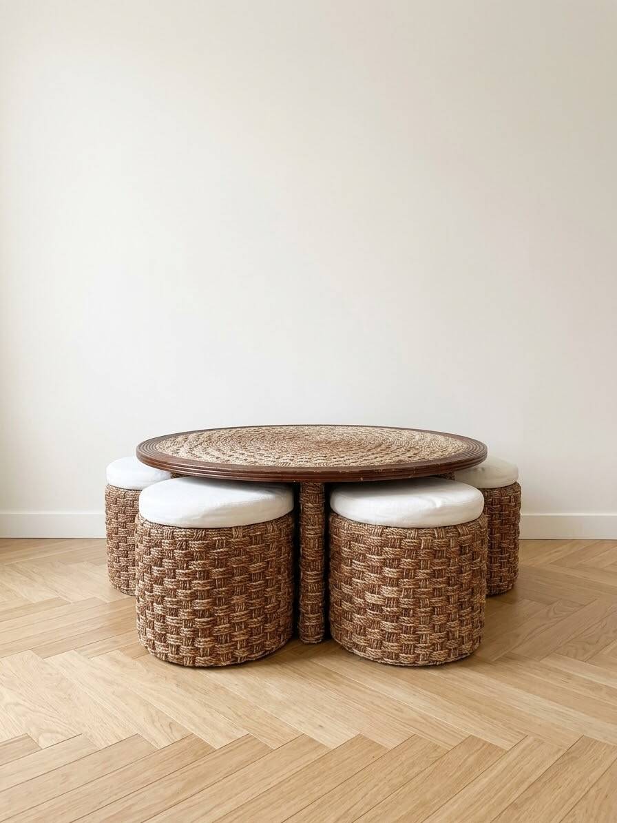 Ensemble table basse et 4 poufs encastrables vintage en corde tressée