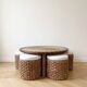 Ensemble table basse et 4 poufs encastrables vintage en corde tressée