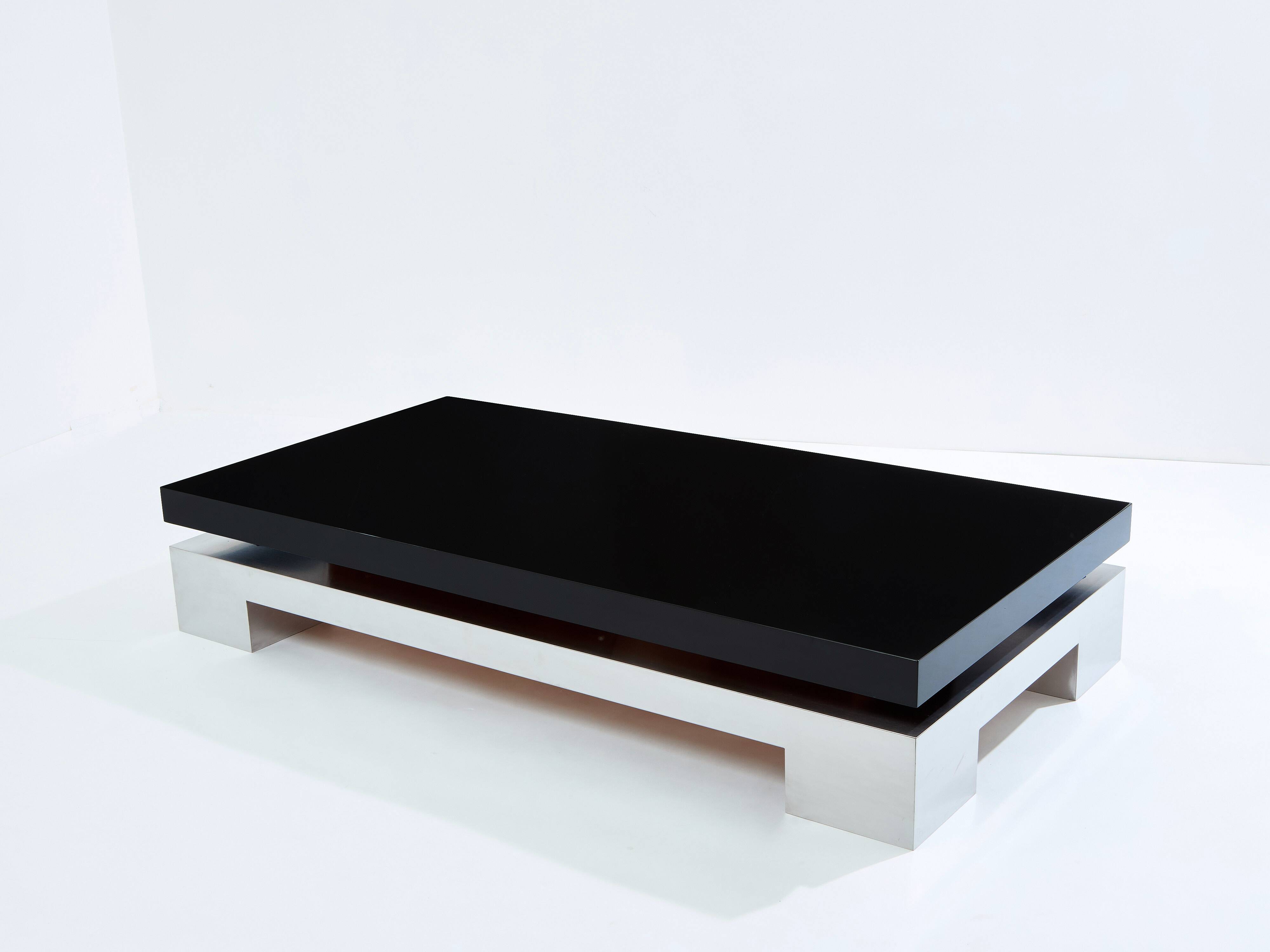 Large black lacquered and steel coffee table Nadine Charteret 1972