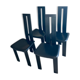Set of 4 chairs black leather Pietro Constantini Italy 1970