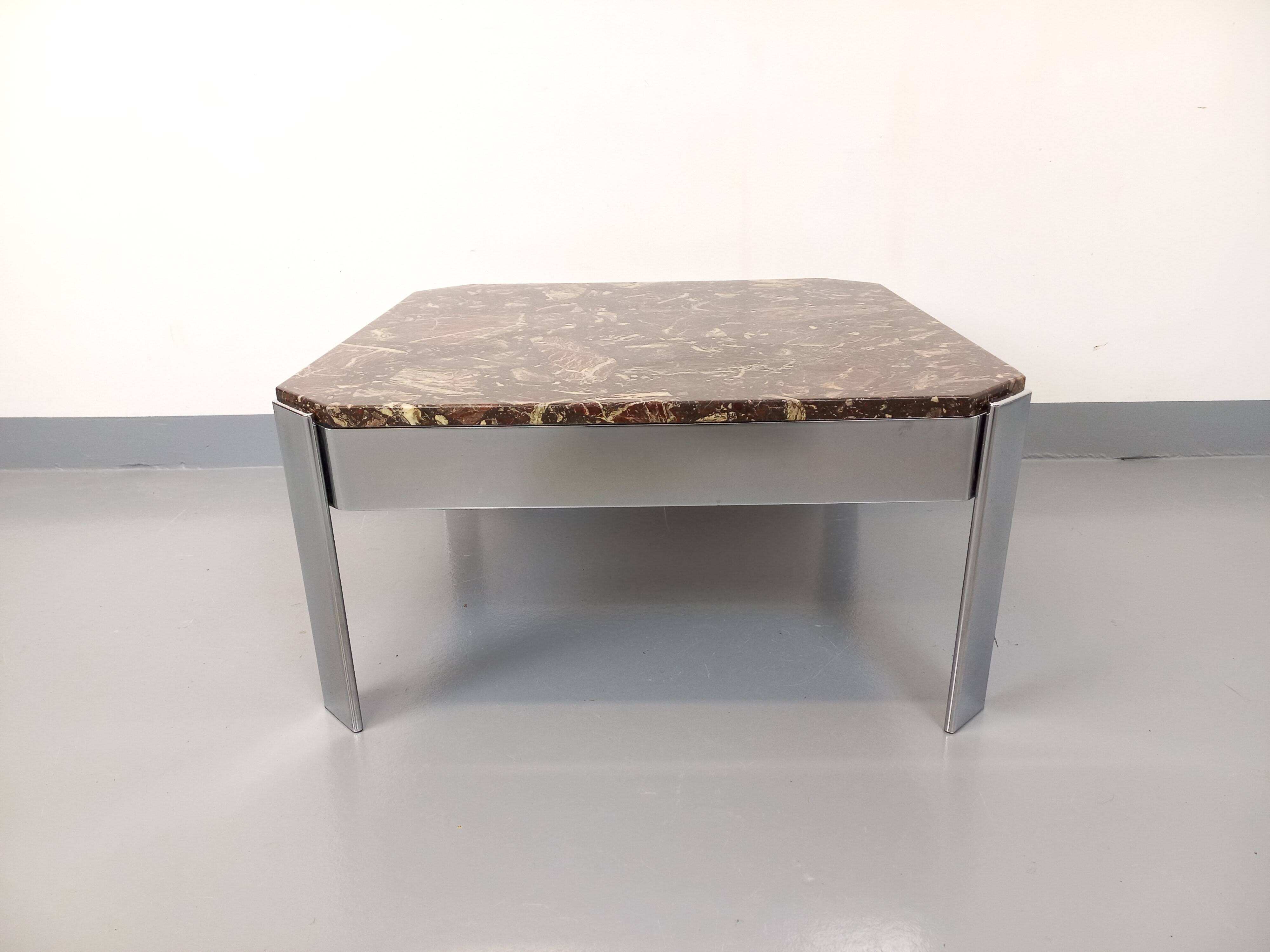 Vintage square coffee table in marble and chrome metal from the 70s