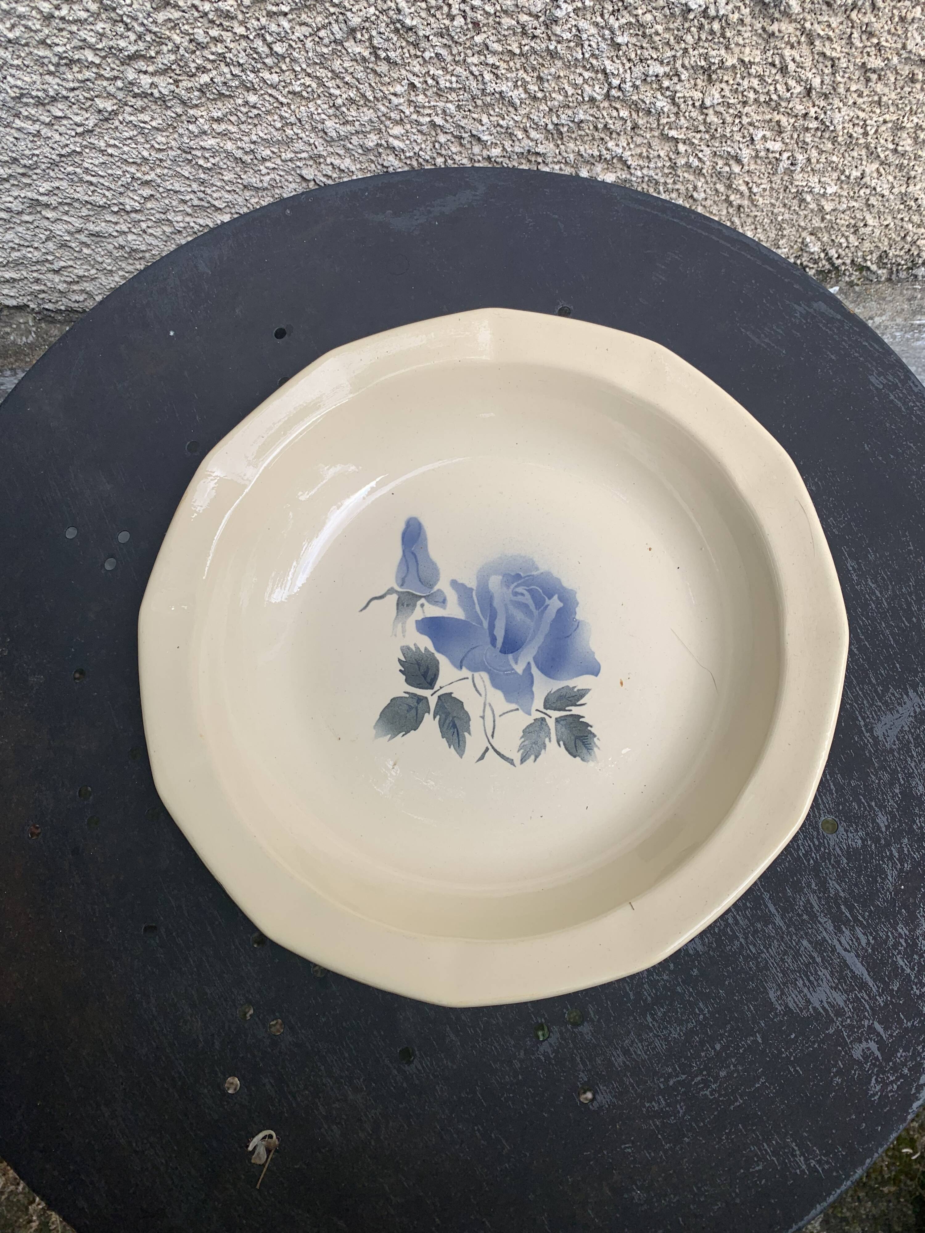 Hollow dish with blue rose motif, octagonal, vintage Digoin
