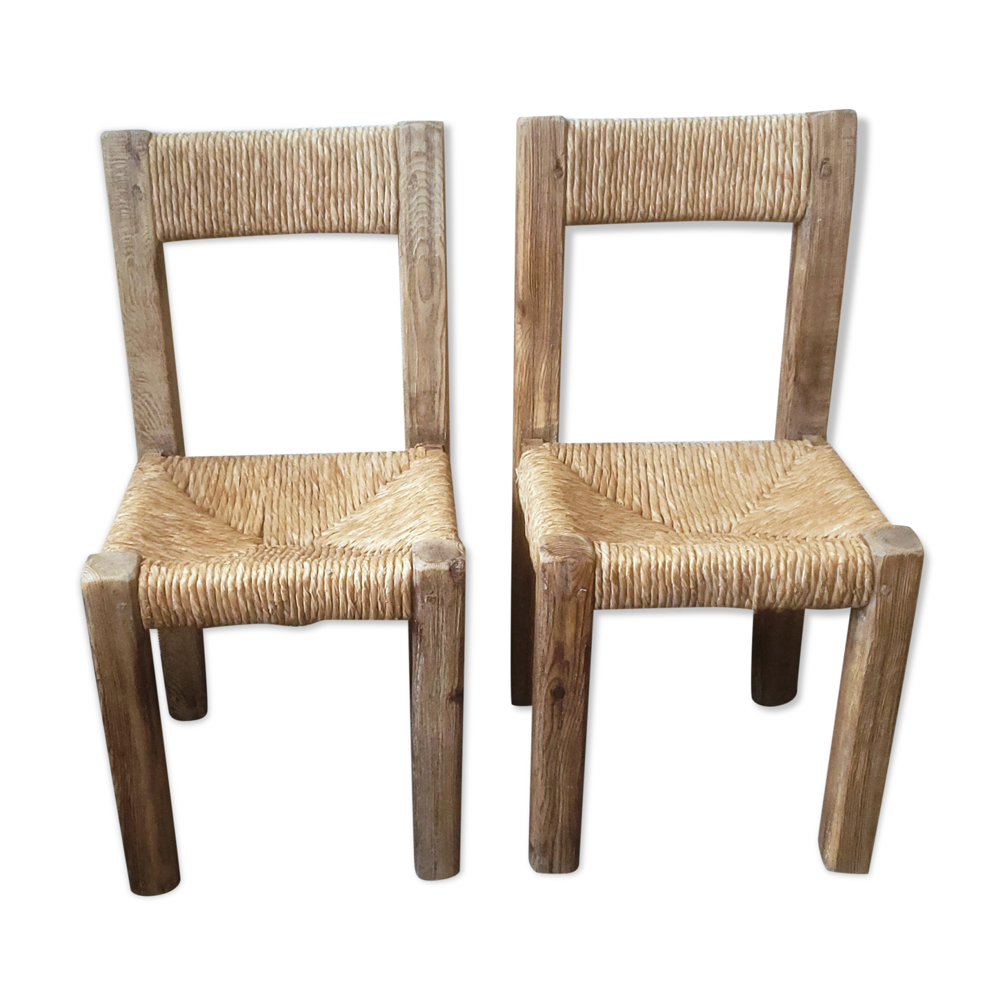 Pair of brutalist chairs in wood and straw