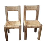 Pair of brutalist chairs in wood and straw