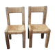 Pair of brutalist chairs in wood and straw