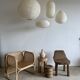 Average suspension in rattan and natural linen, Japanese-style, oval and flattened, H30 D4.