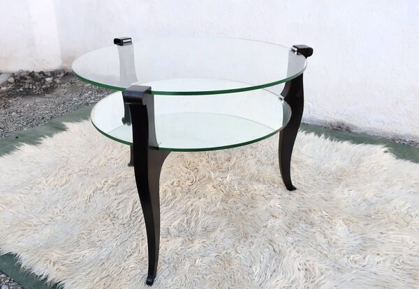Guéridon bas Art Déco 1930/1940 en bois noir, verre et miroir