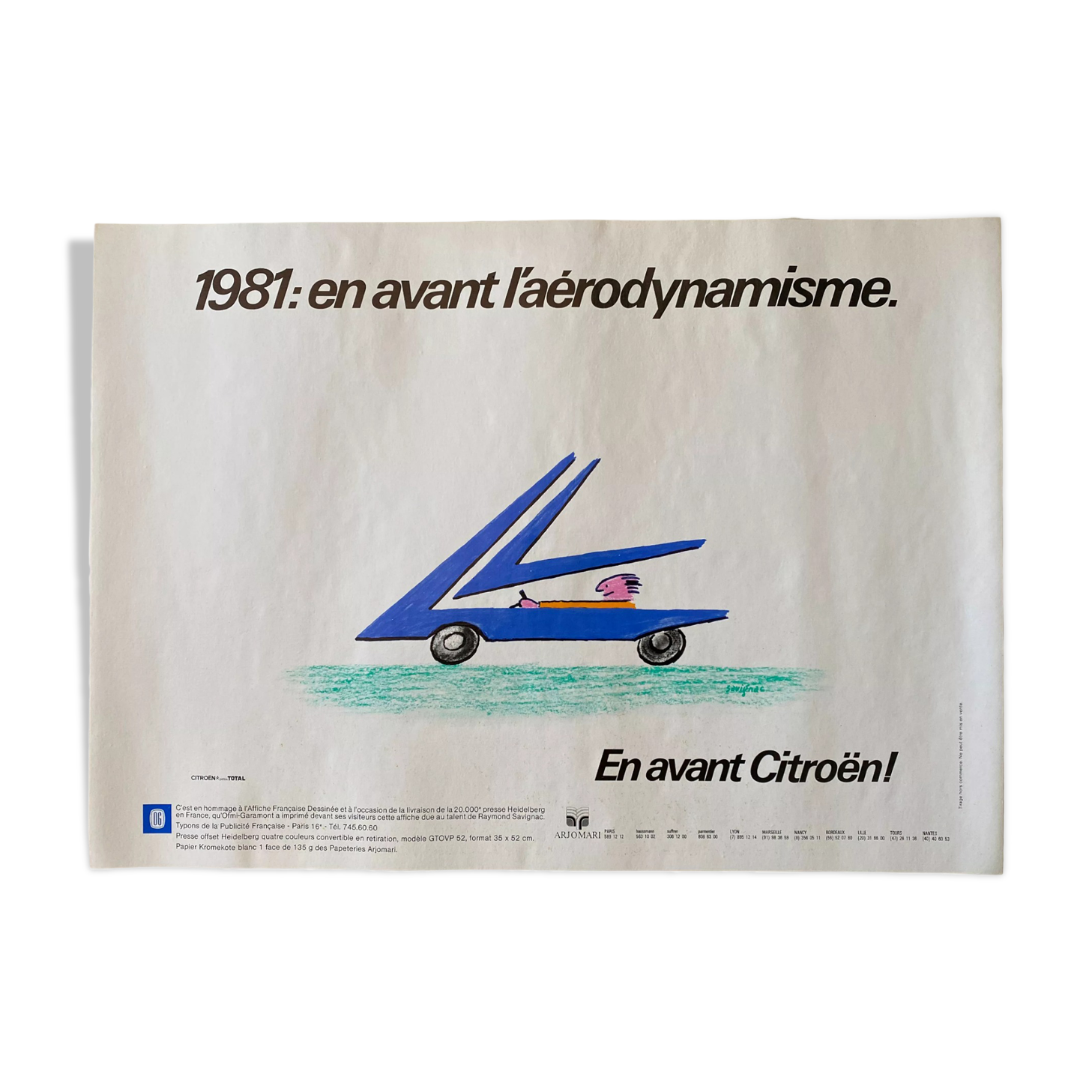 Original poster "En avant Citroën, l'aérodynamiquesme" Raymond Savignac 35x49cm 1981