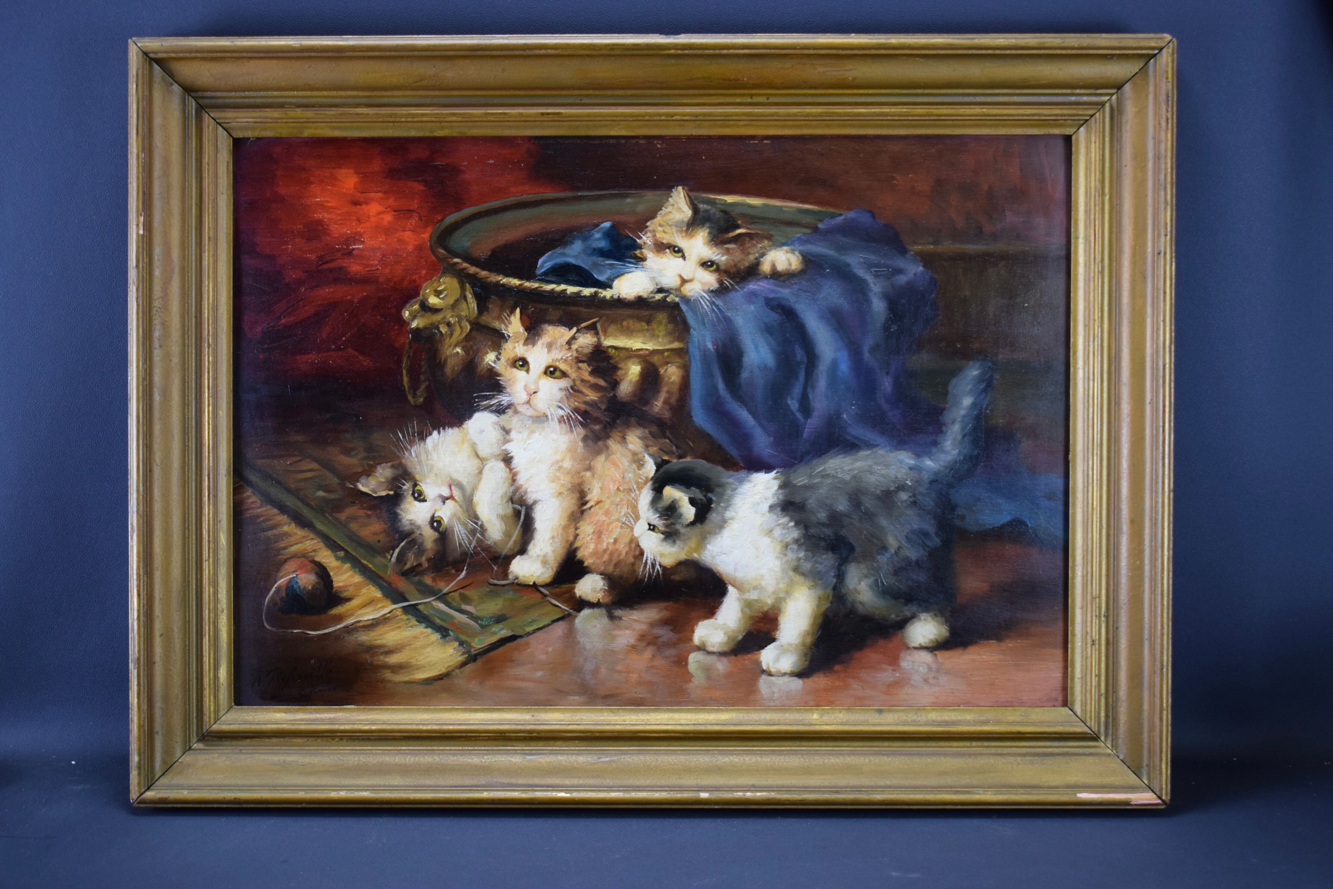 Oil painting on panels kitten playing by Leon Huber