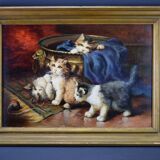 Peinture l'huile sur panneaux chatons jouant par Leon Huber