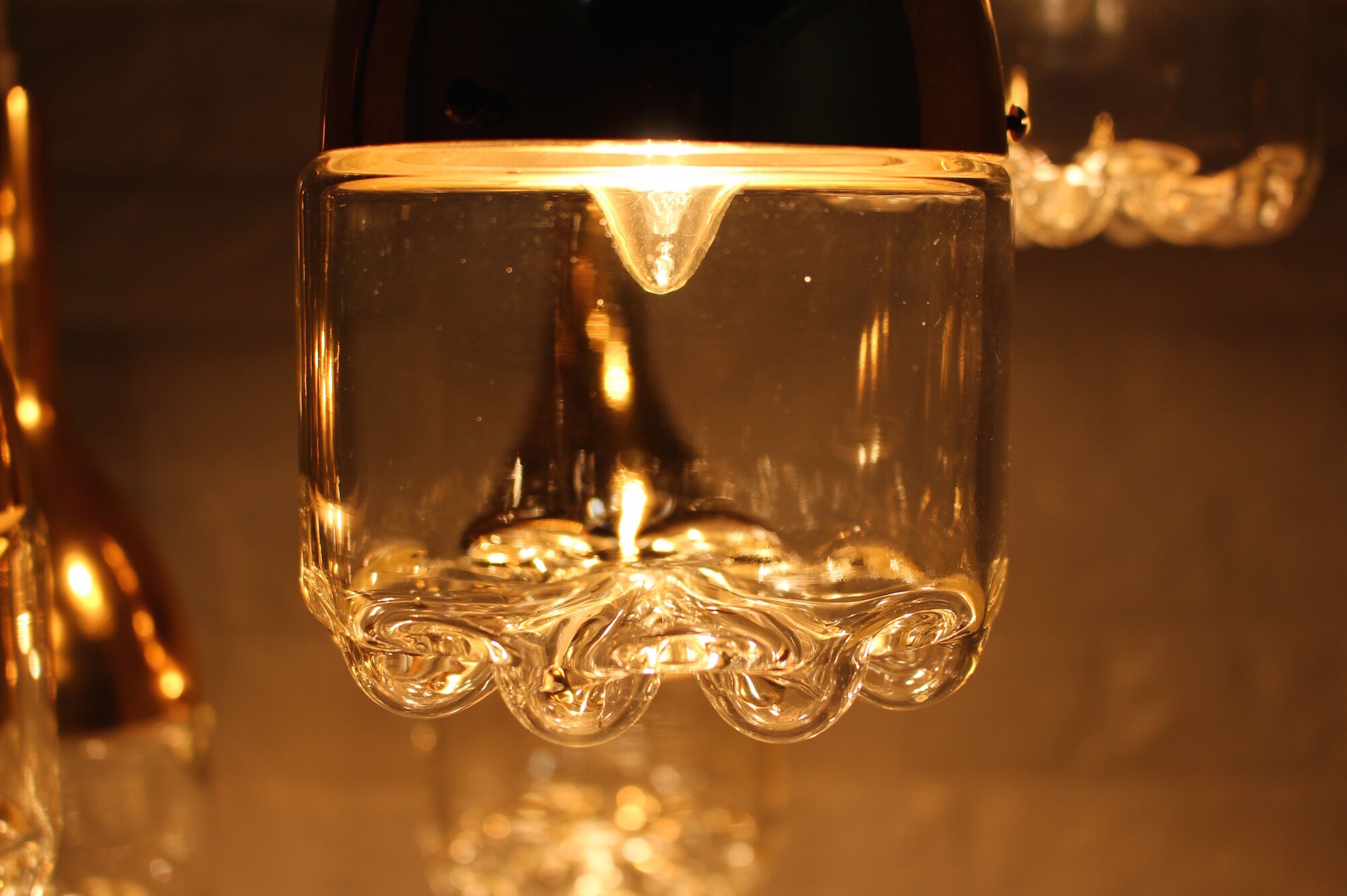 Hanging lamp brass waterfall and blown glass