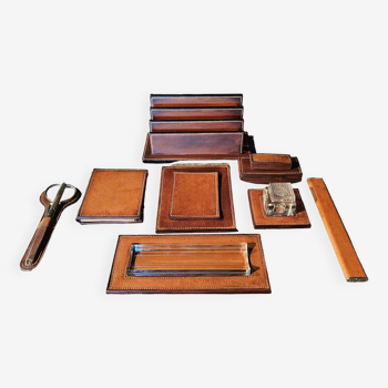 Desk kit in saddler piqué leather and cut glass 8 pieces