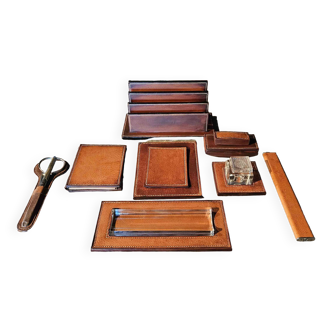 Desk kit in saddler piqué leather and cut glass 8 pieces