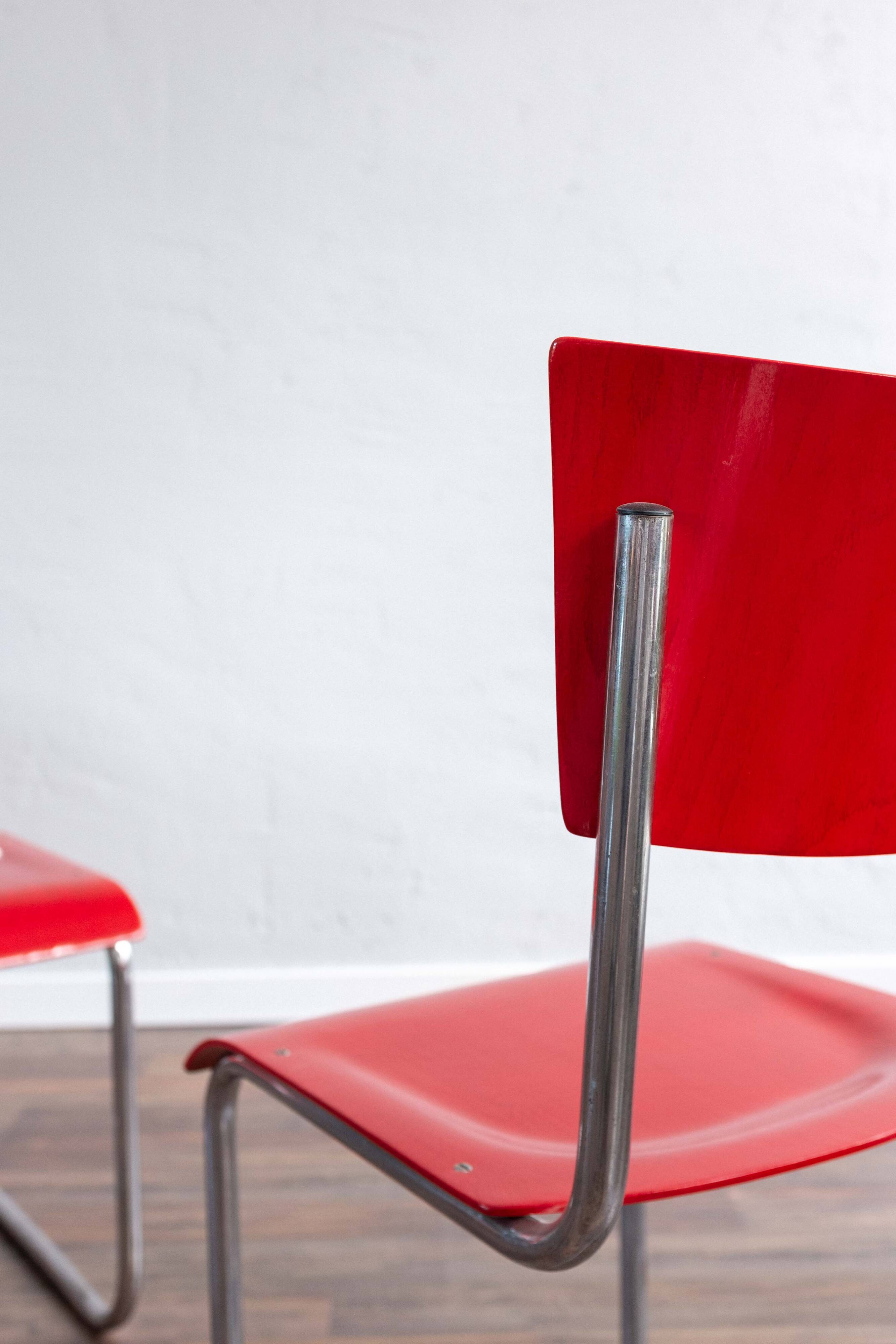 Functionalist Bauhaus Style Red Dining Chairs By Kovona, 1940s