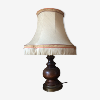 Wooden and brass table lamp, shade with stripe and fringe