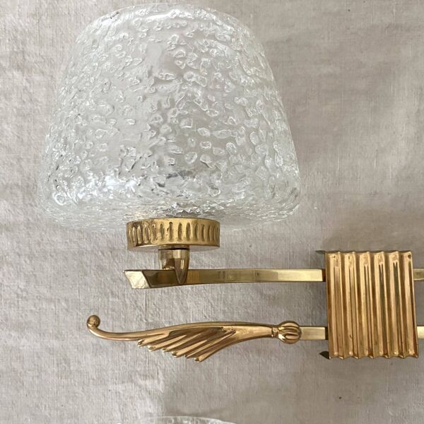 Applique double métal doré et verre bullé, design italien années 60