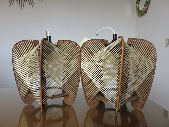Pair of Scandinavian wire and wood 60s 70s suspensions