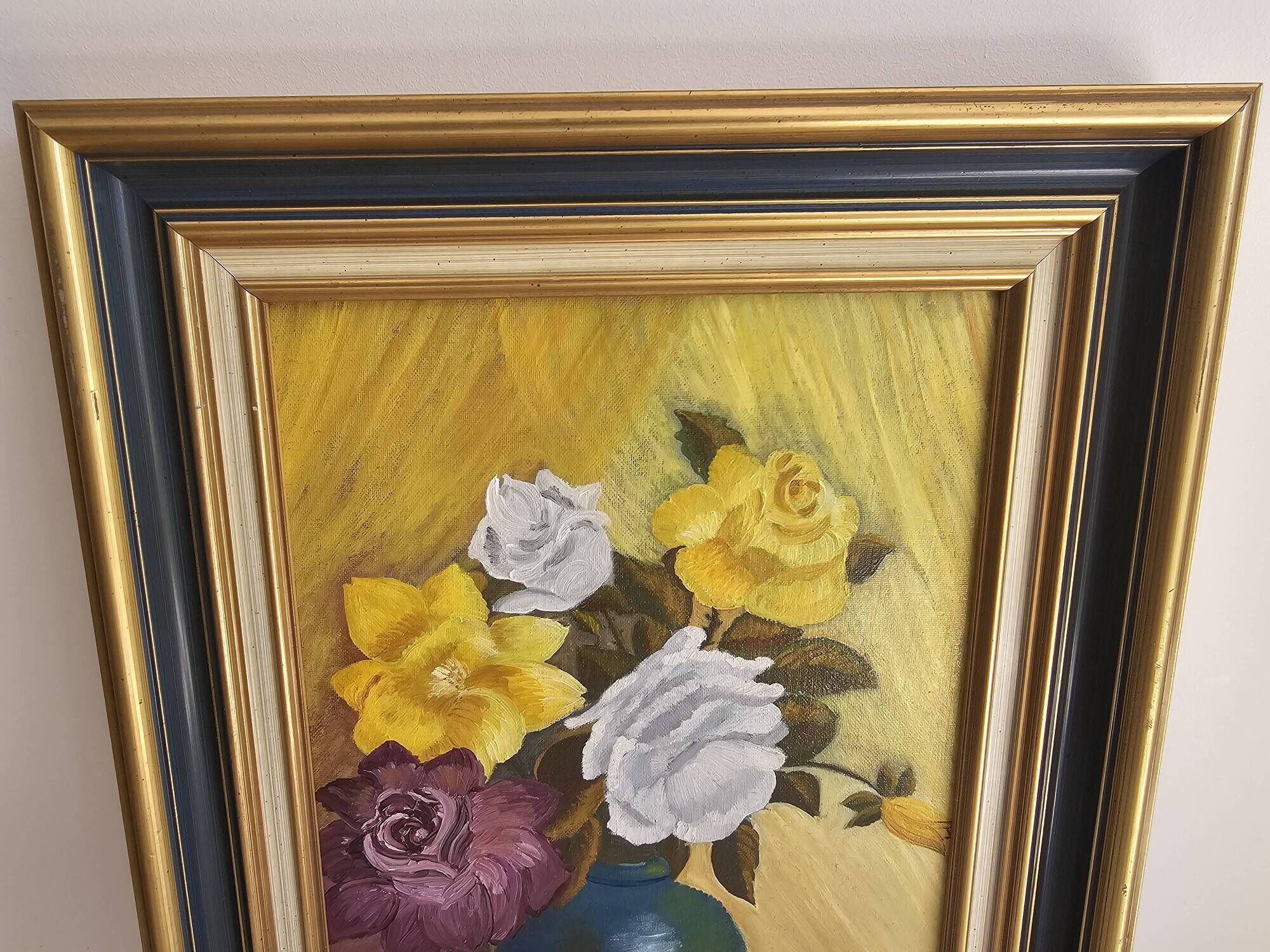 Oil on Canvas Board - Bouquet of Roses Signed Chantal Cogniard