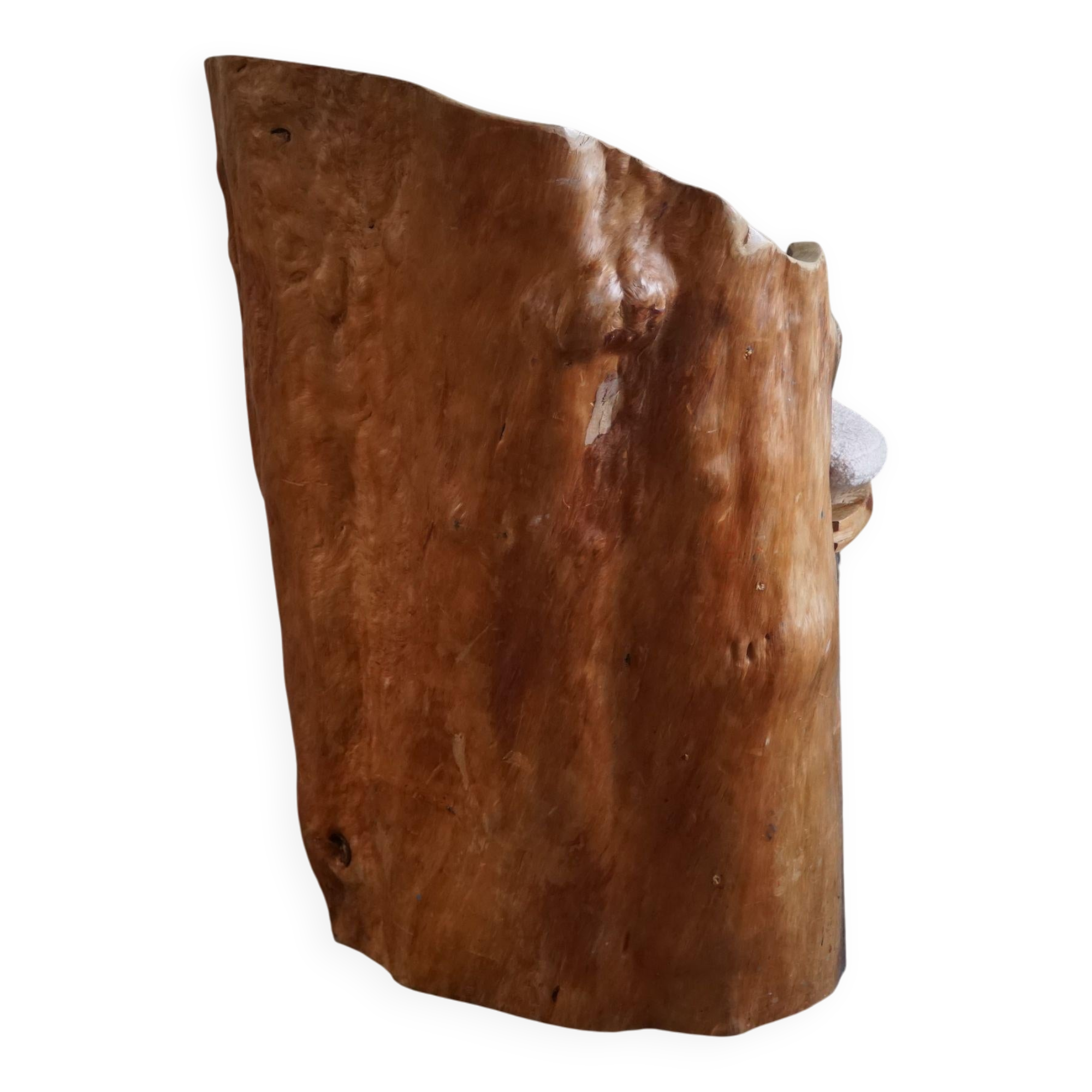 Sculptural brutalist armchair handcrafted in solid pine, Wabi Sabi style, Sweden, 1970s.