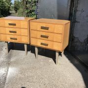Pair of mid-century blonde lacquered bedside tables with metal legs, 1950s - set of 2