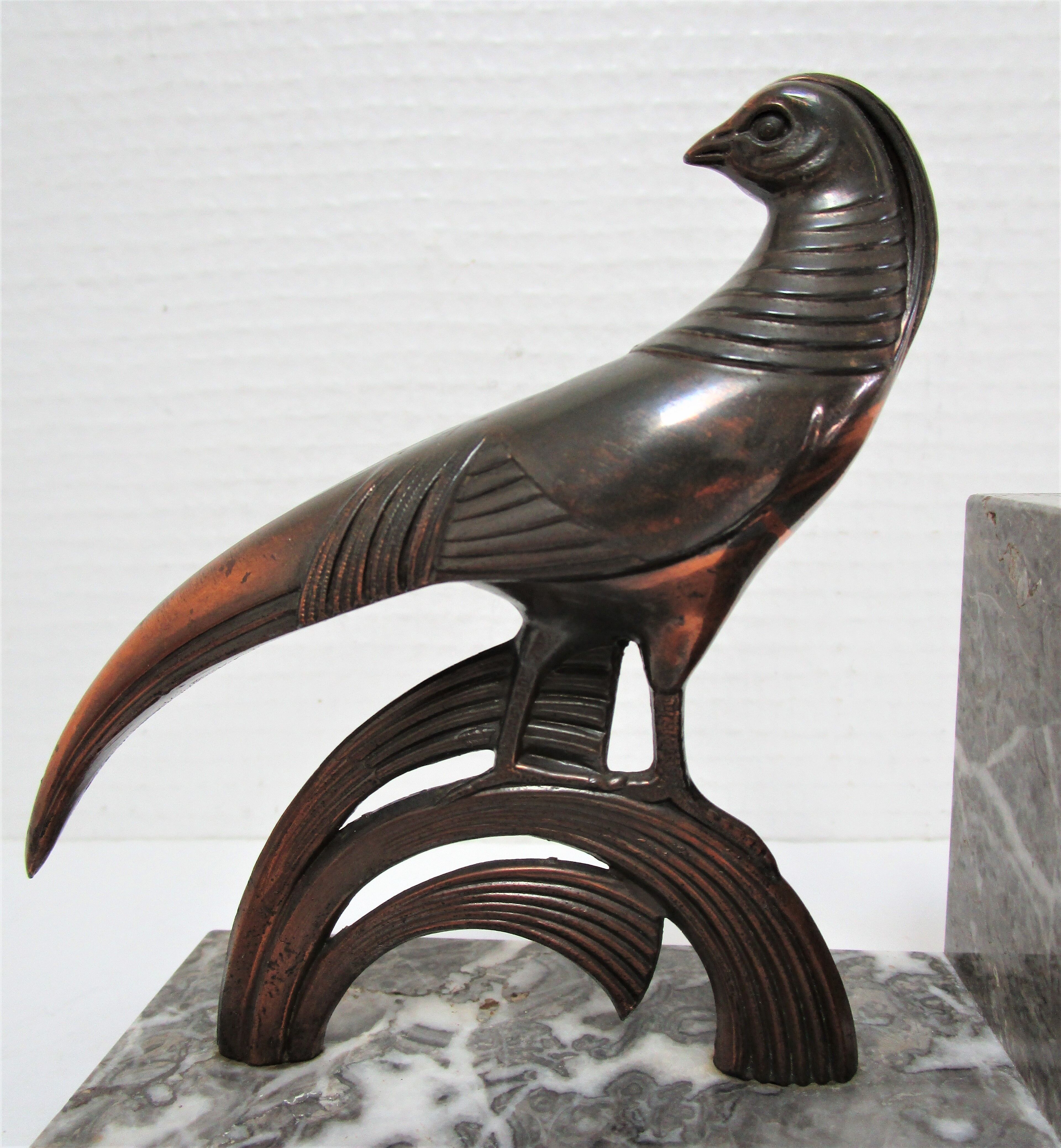 Pair of greenhouse books bird Art Deco metal patinated marble