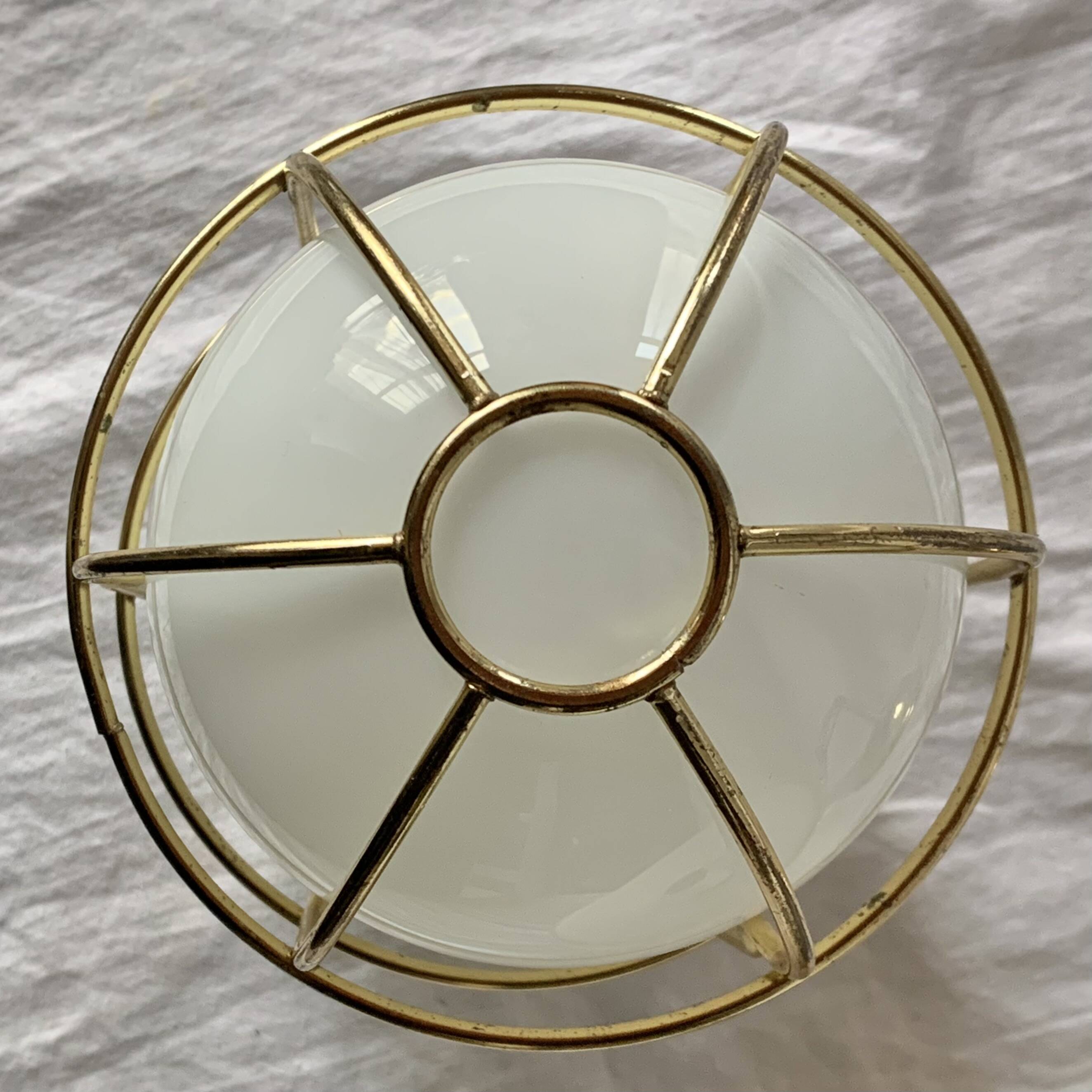 Vintage pendant light in gold metal and white opaline