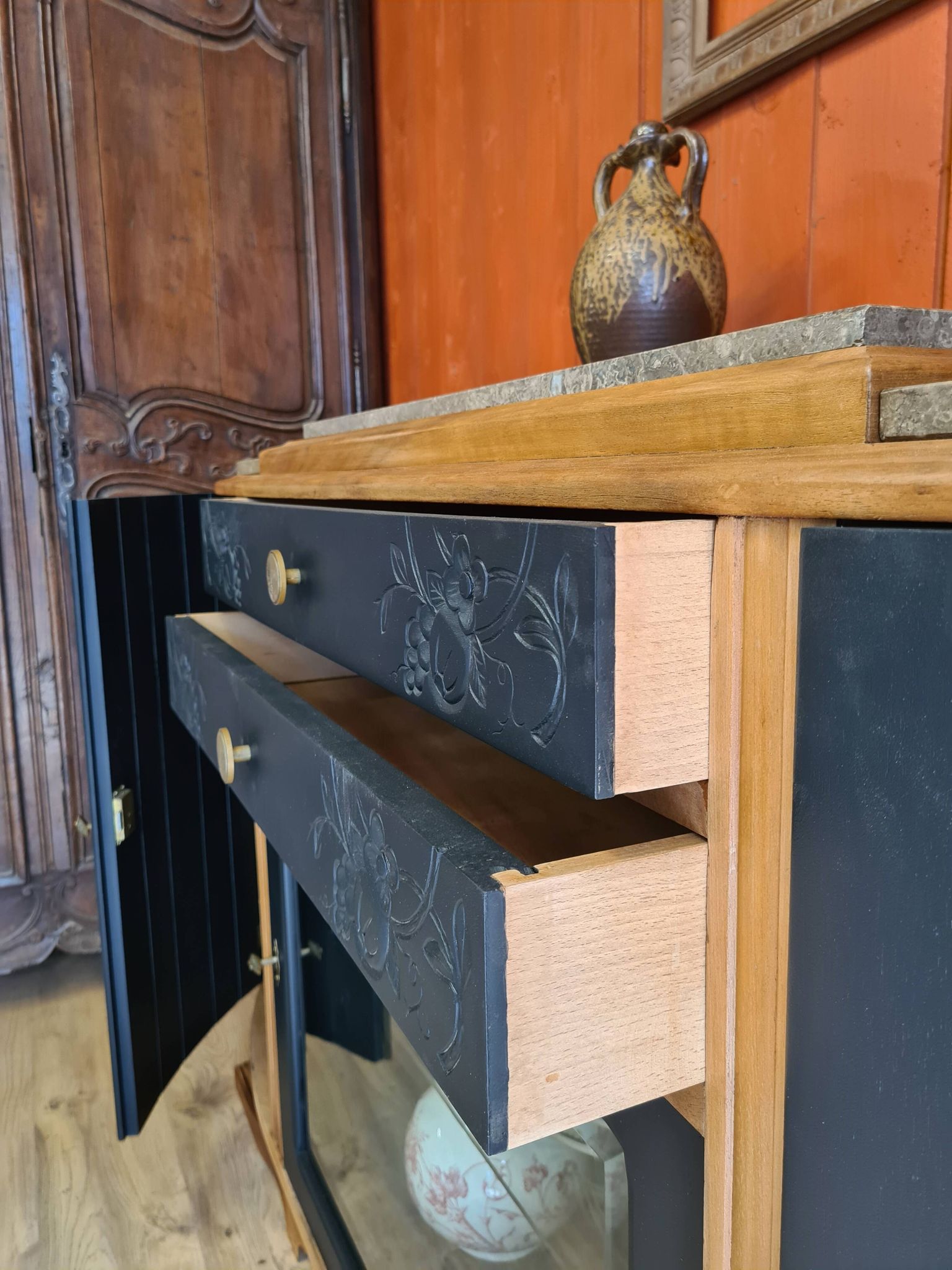 Renovated art deco walnut sideboard with beveled glass door and marble tops