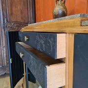 Renovated art deco walnut sideboard with beveled glass door and marble tops