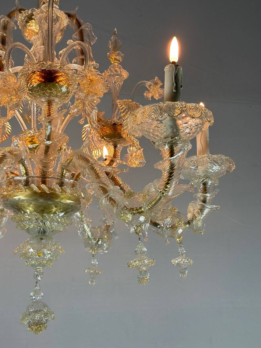 Venetian rezzonico chandelier in golden murano glass, 6 arms of light circa 1930