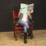 Antique Italian Walnut Armchair With Red Fabric From 19th Century