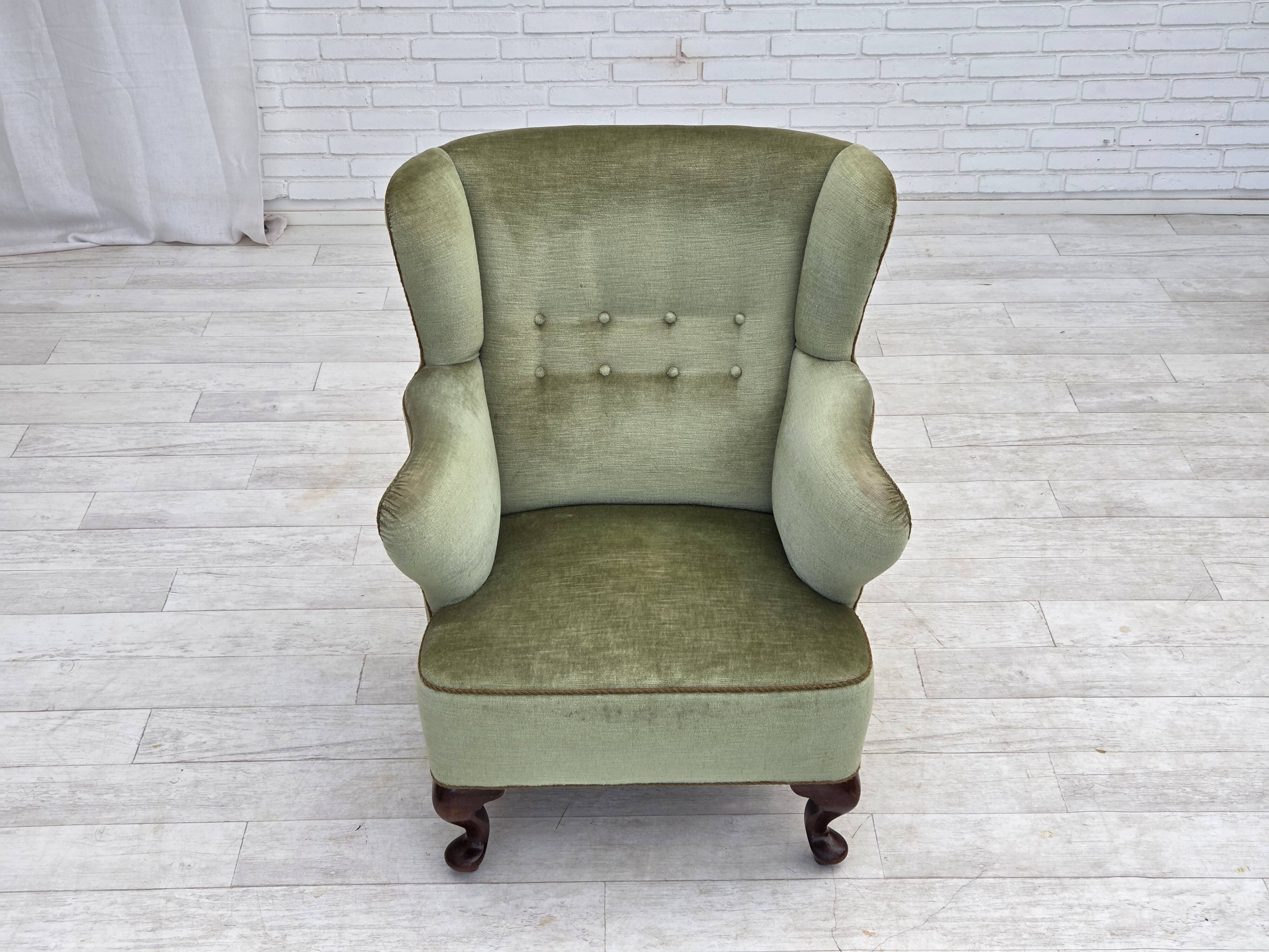 1960s, Scandinavian armchair, green furniture velour, oak wood legs.
